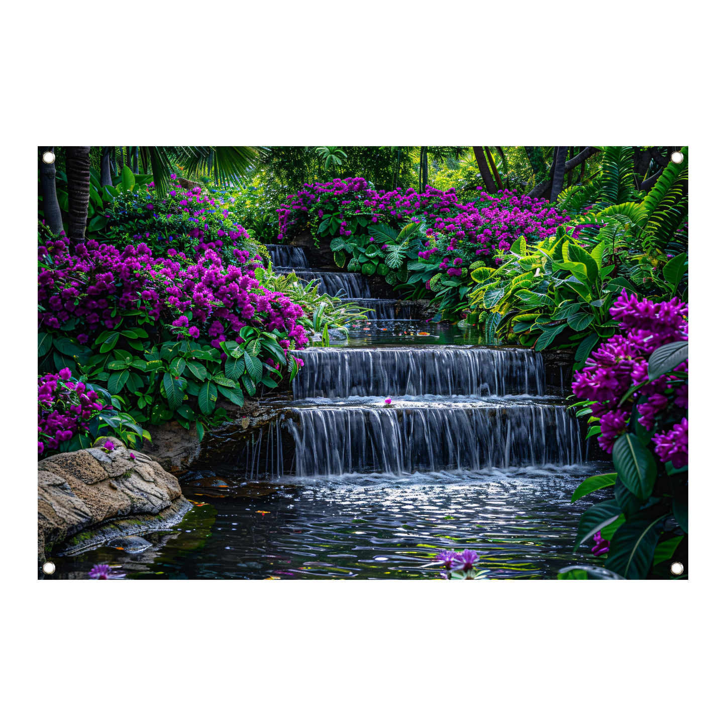 Enchanted garden with colorful flowers and cascading waterfall tuinposter