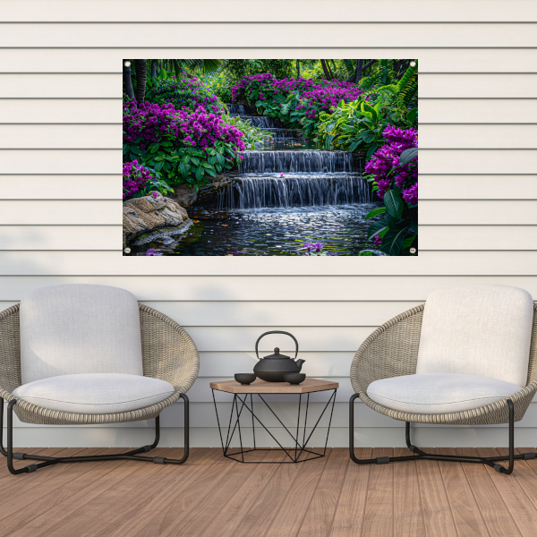 Enchanted garden with colorful flowers and cascading waterfall tuinposter