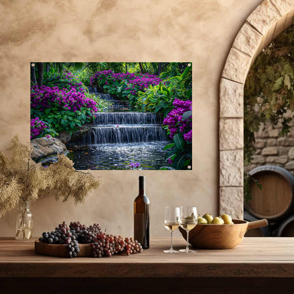 Enchanted garden with colorful flowers and cascading waterfall tuinposter