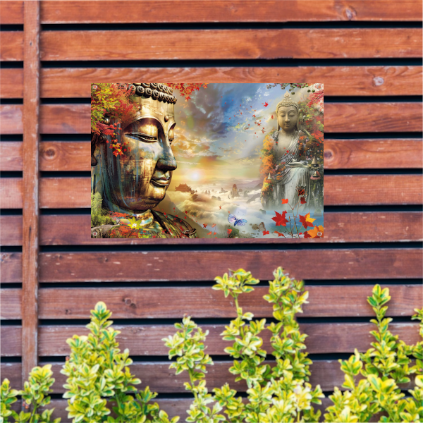 Boeddha in Herfstpracht met Vlinders tuinposter