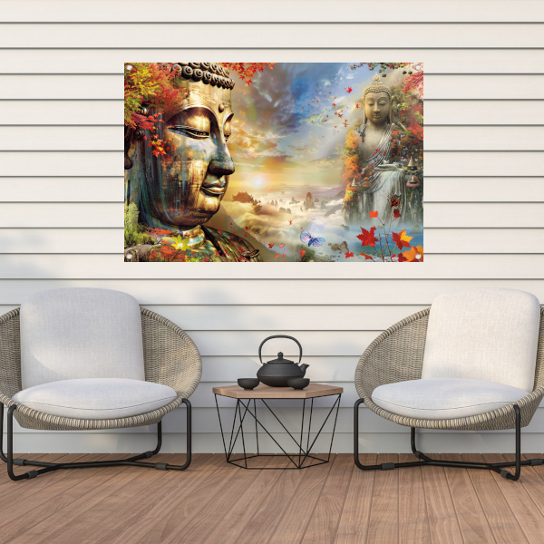 Boeddha in Herfstpracht met Vlinders tuinposter