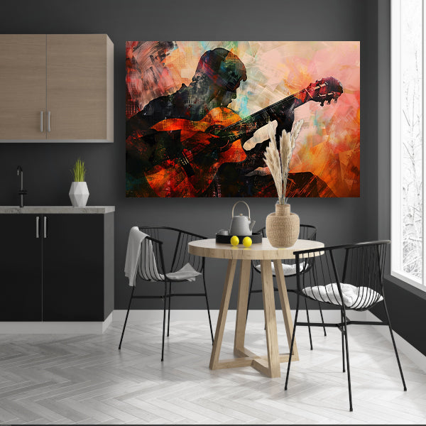 Abstracte silhouet van gitarist in kleuren poster