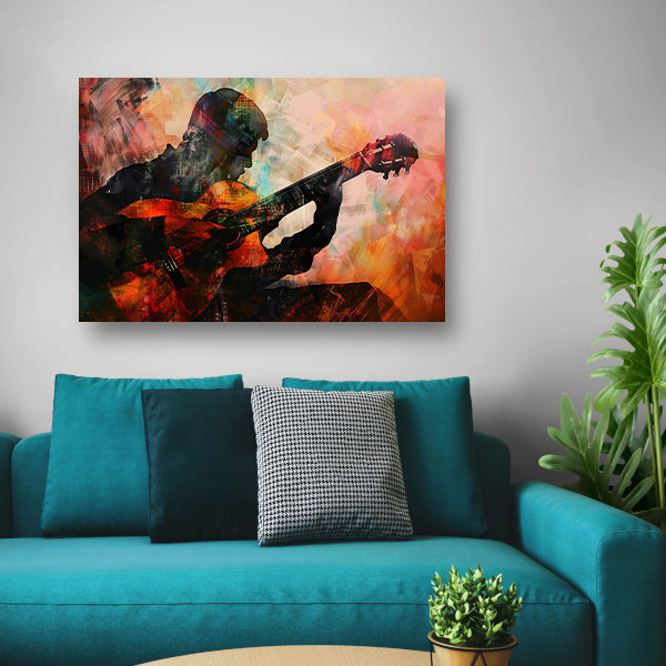 Abstracte silhouet van gitarist in kleuren poster