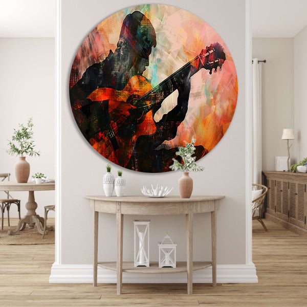 Abstracte silhouet van gitarist in kleuren forex muurcirkel