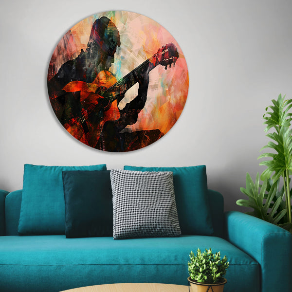 Abstracte silhouet van gitarist in kleuren forex muurcirkel
