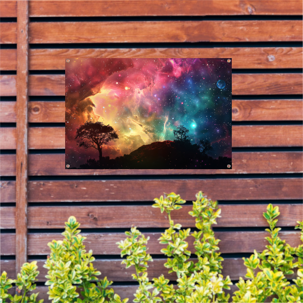 Silhouetboom tegen sterrenhemel tuinposter