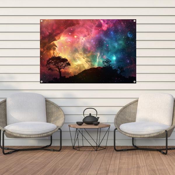 Silhouetboom tegen sterrenhemel tuinposter