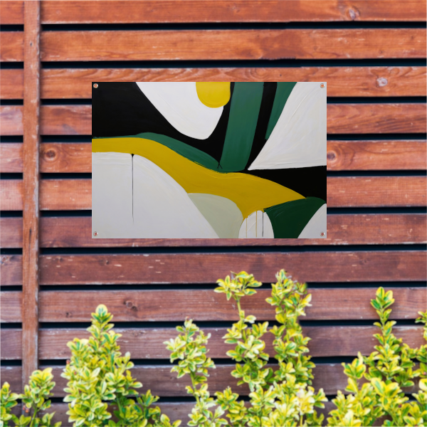 Contrasterende vormen in zwart, wit en geel tuinposter