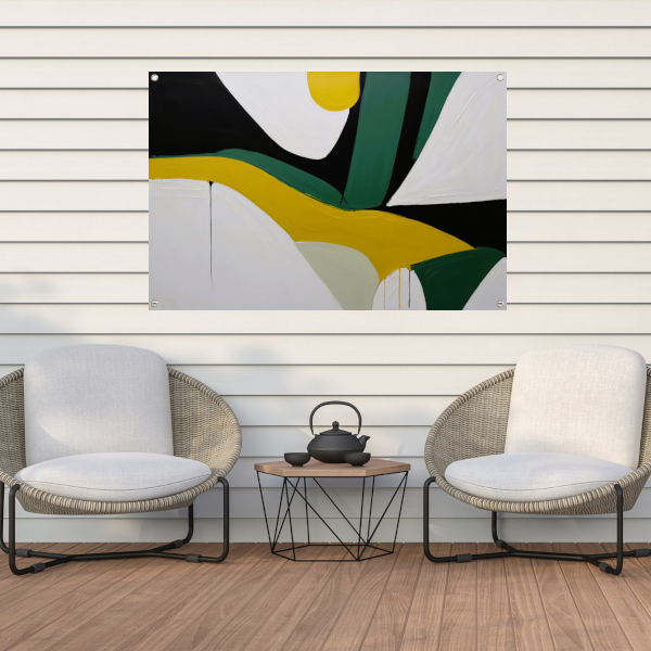 Contrasterende vormen in zwart, wit en geel tuinposter