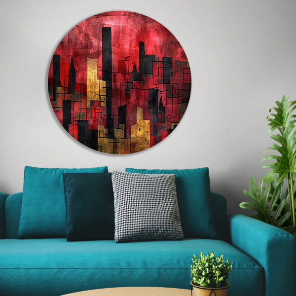 Abstracte digitale skyline kunst in levendige kleuren forex muurcirkel
