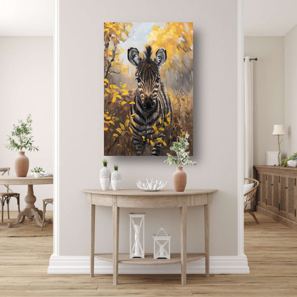 Surrealistische zebra in herfstachtige omgeving canvas met baklijst