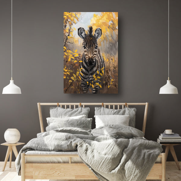 Surrealistische zebra in herfstachtige omgeving canvas met baklijst