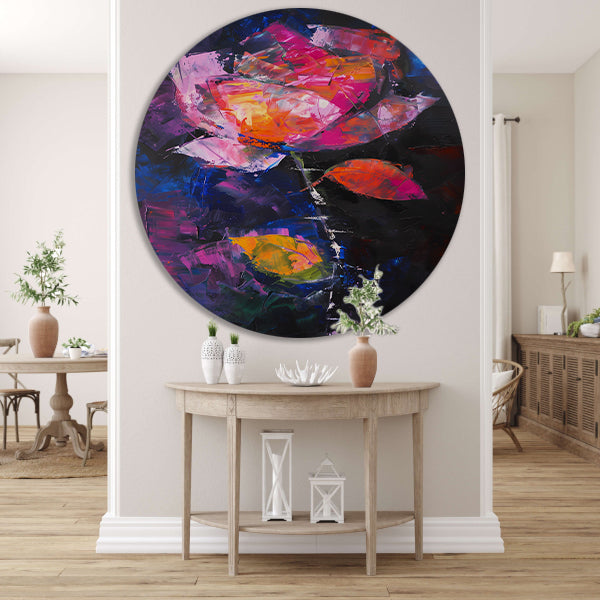 Abstract schilderij van kleurrijke roos aluminium muurcirkel