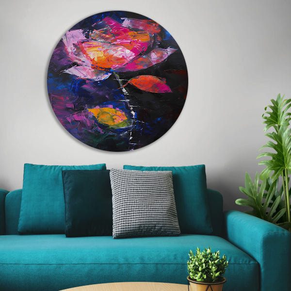 Abstract schilderij van kleurrijke roos aluminium muurcirkel