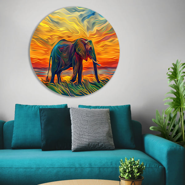 Abstracte olifant met zonsondergang aluminium muurcirkel