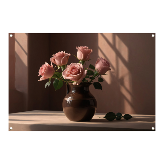 Roze Rozen in Bruine Vaas met Schaduwspel tuinposter