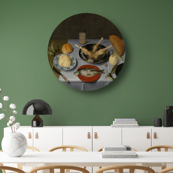 Stilleven van haring, vlees, vruchten, boter en brood - Jacob van Hulsdonck aluminium muurcirkel
