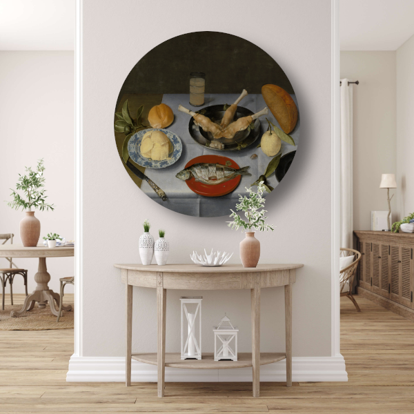 Stilleven van haring, vlees, vruchten, boter en brood - Jacob van Hulsdonck aluminium muurcirkel