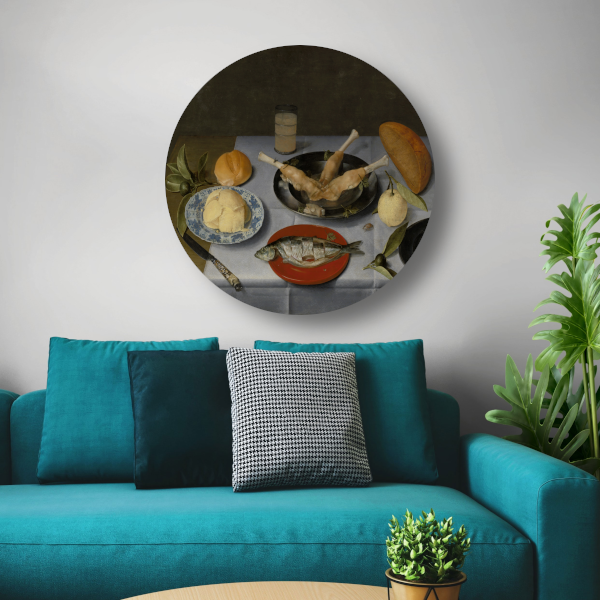 Stilleven van haring, vlees, vruchten, boter en brood - Jacob van Hulsdonck aluminium muurcirkel