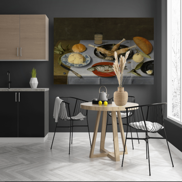 Stilleven van haring, vlees, vruchten, boter en brood - Jacob van Hulsdonck acrylglas