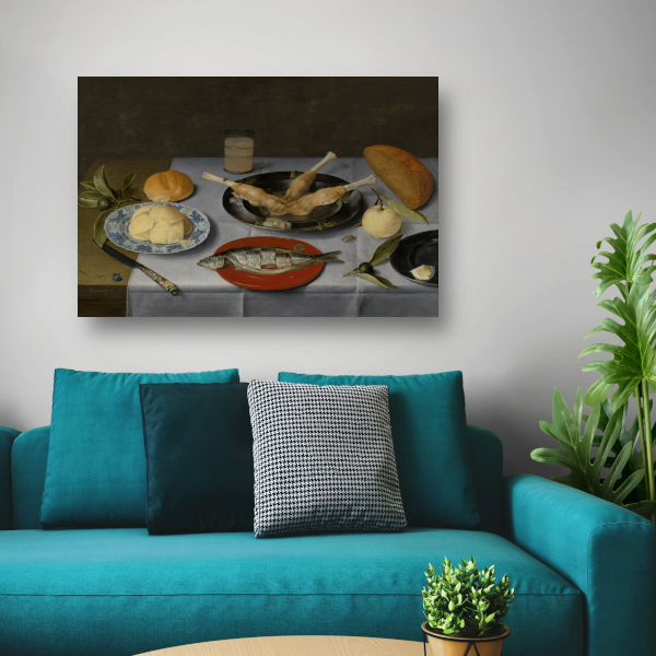 Stilleven van haring, vlees, vruchten, boter en brood - Jacob van Hulsdonck poster