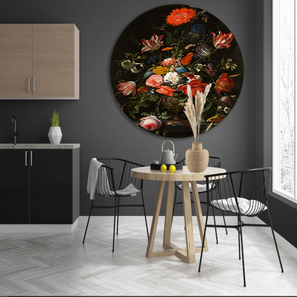 Bloemen in een metalen vaas - Abraham Mignon aluminium muurcirkel