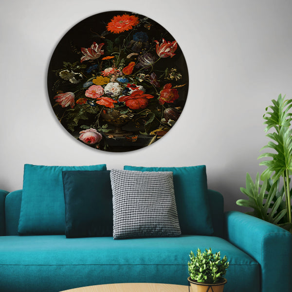 Bloemen in een metalen vaas - Abraham Mignon aluminium muurcirkel