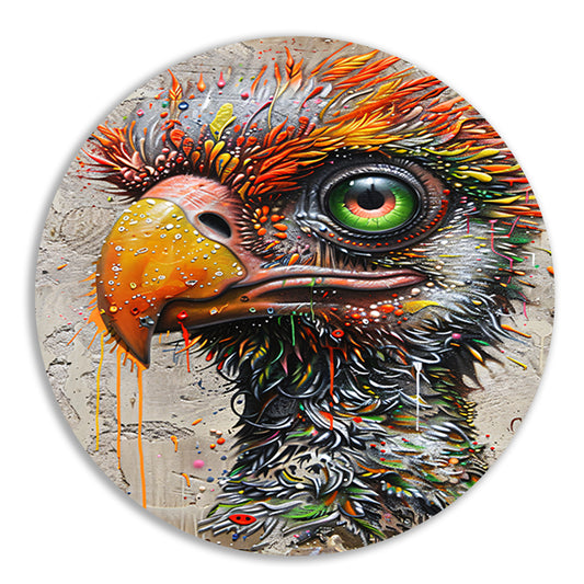 Kleurrijke surrealistische vogel met grote oogdetails aluminium muurcirkel