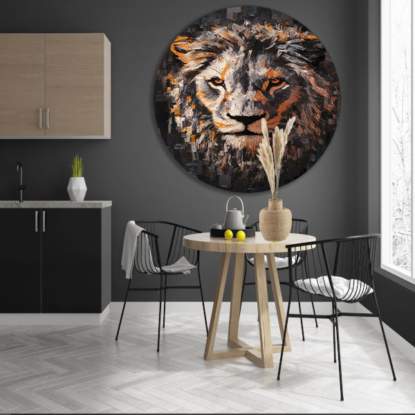 Majestueuze leeuw in levendige kleuren aluminium muurcirkel