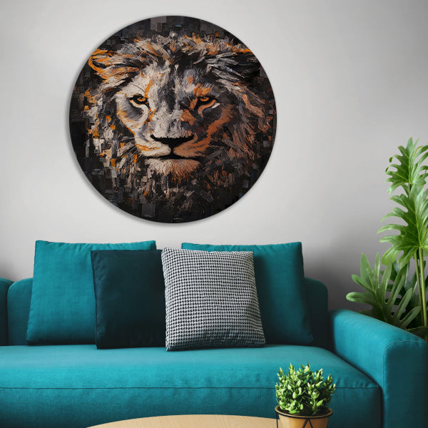 Majestueuze leeuw in levendige kleuren aluminium muurcirkel