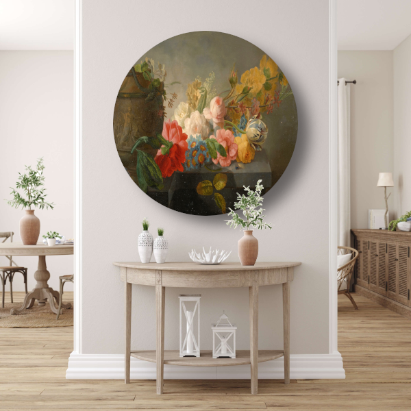 Boeket bloemen op een richel - Pieter Faes aluminium muurcirkel