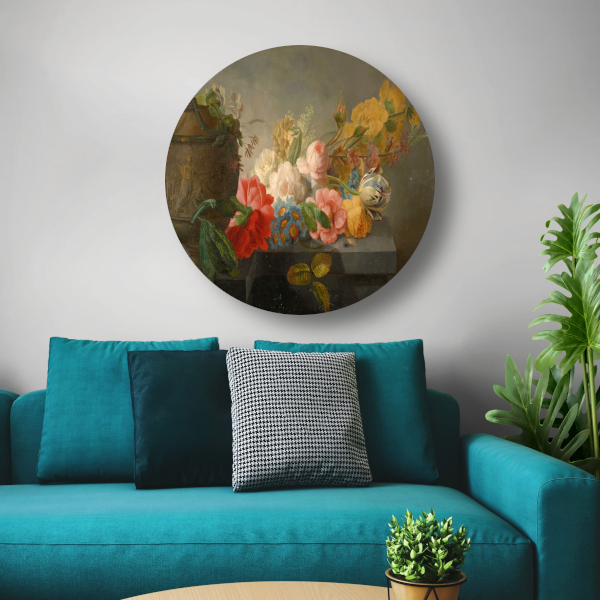Boeket bloemen op een richel - Pieter Faes aluminium muurcirkel