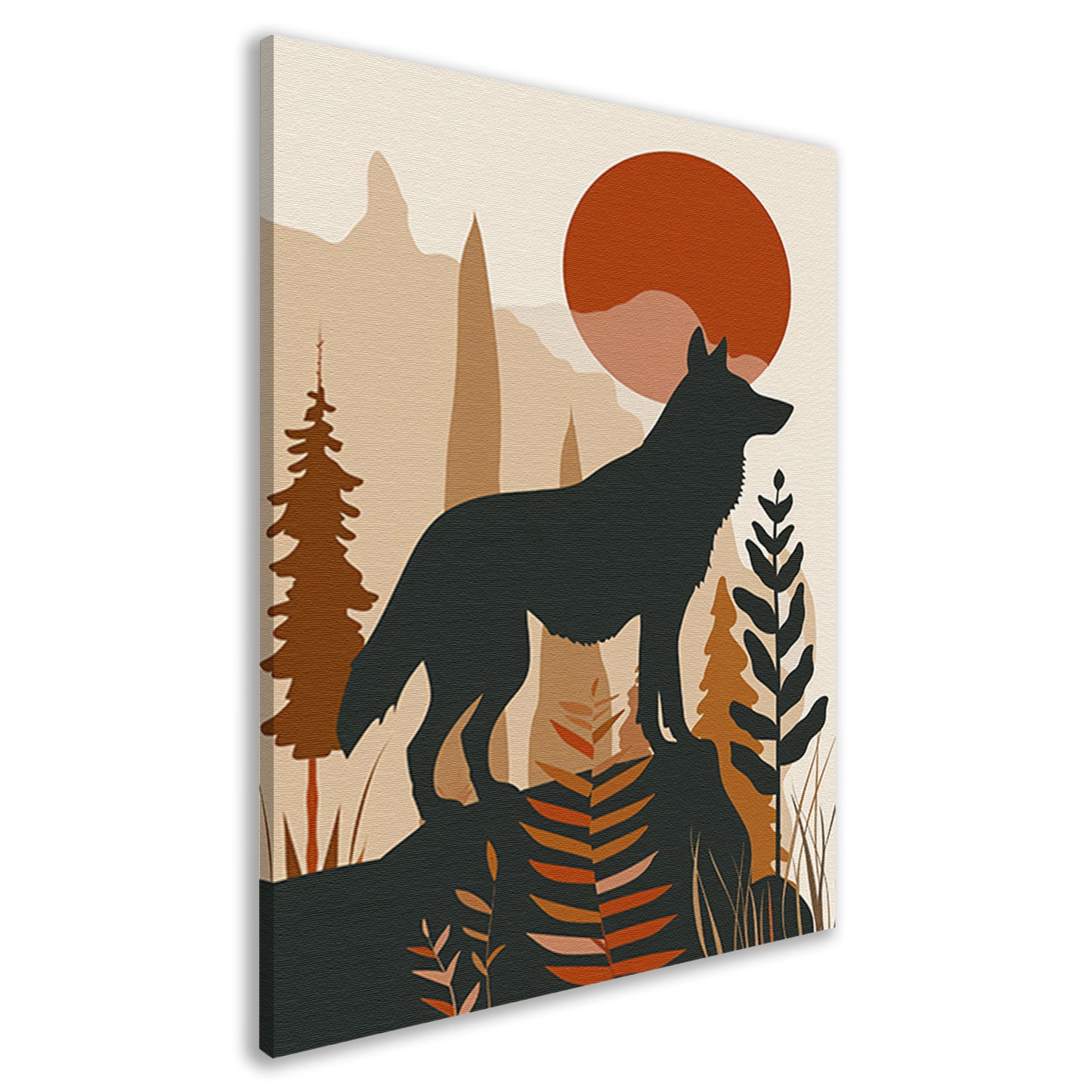 Stilistische wolf met zonsondergang in eenvoudige vormen canvas