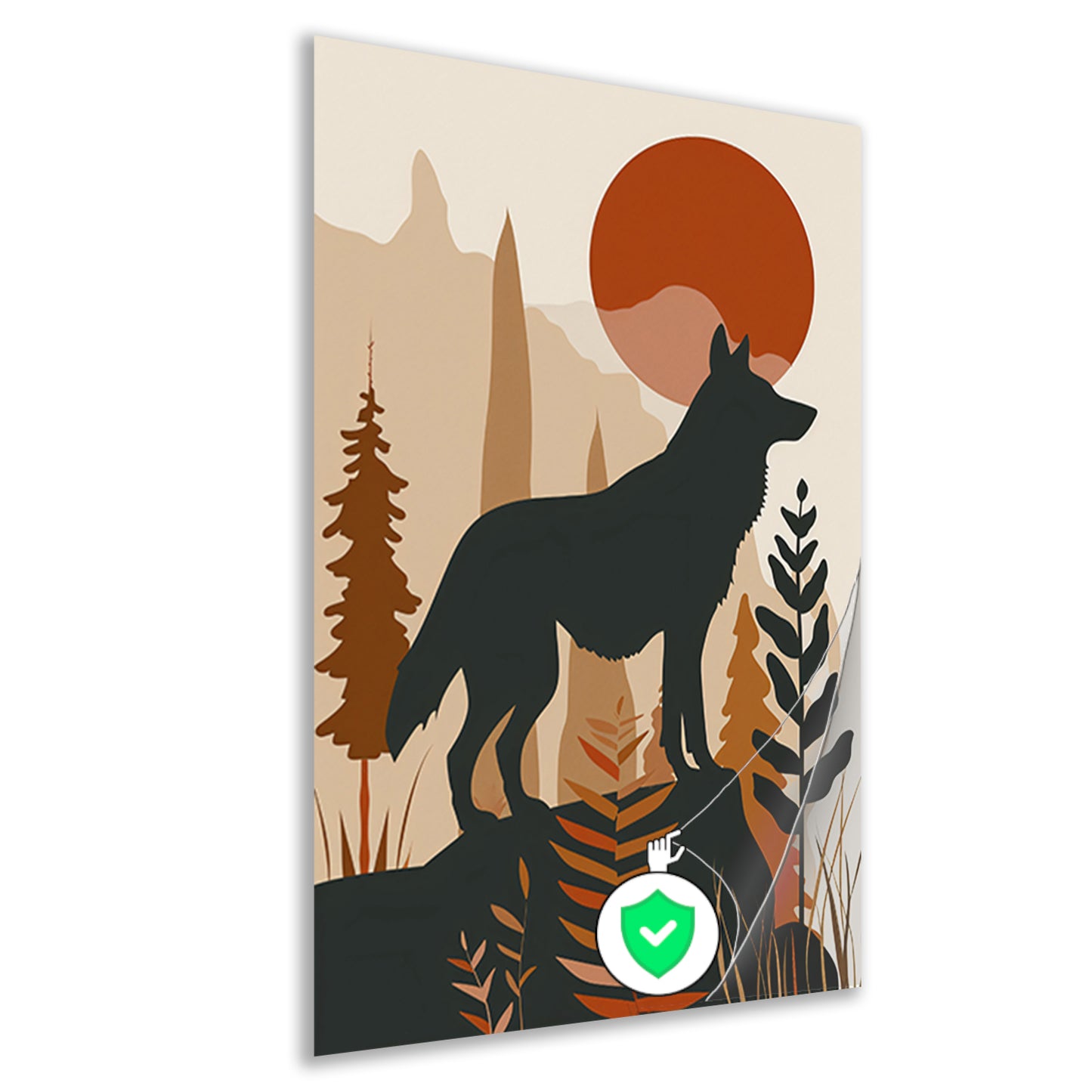 Stilistische wolf met zonsondergang in eenvoudige vormen poster