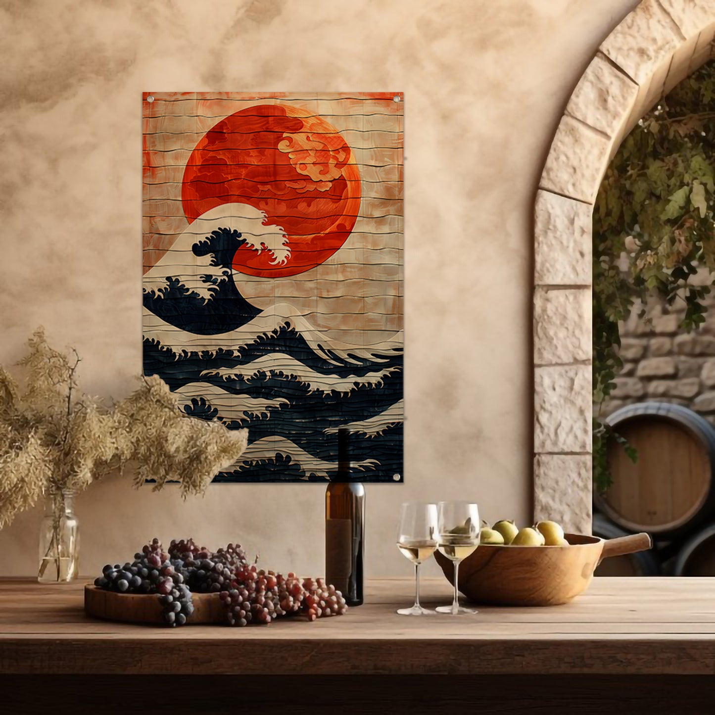 Houten Interpretatie van de Grote Golf tuinposter