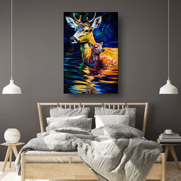 Moederhert en fawn in ochtendgloren canvas