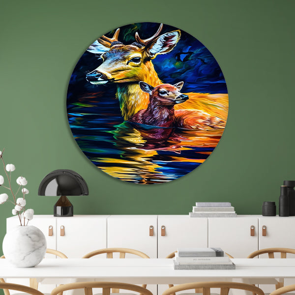 Moederhert en fawn in ochtendgloren aluminium muurcirkel