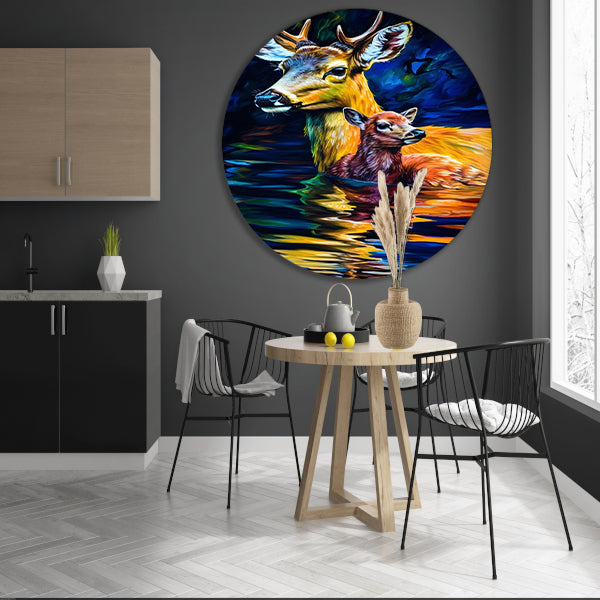 Moederhert en fawn in ochtendgloren aluminium muurcirkel