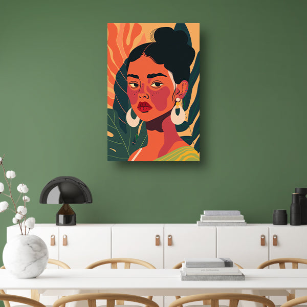 Elegante vrouw met tropische planten achtergrond canvas