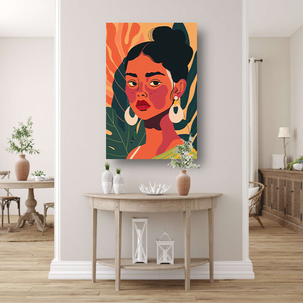 Elegante vrouw met tropische planten achtergrond canvas