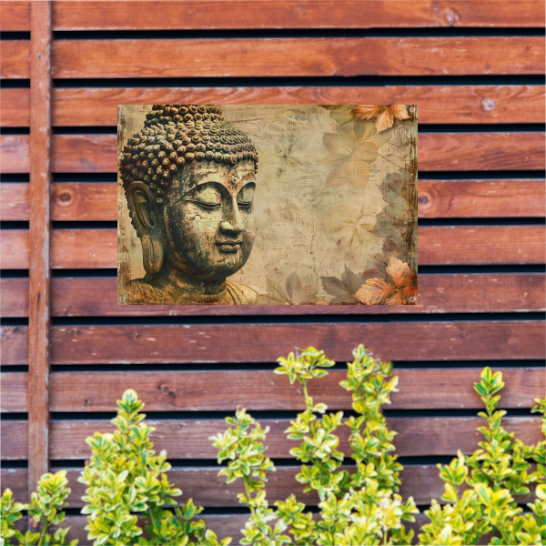 Serene Boeddha met herfstbladeren in sepia tuinposter