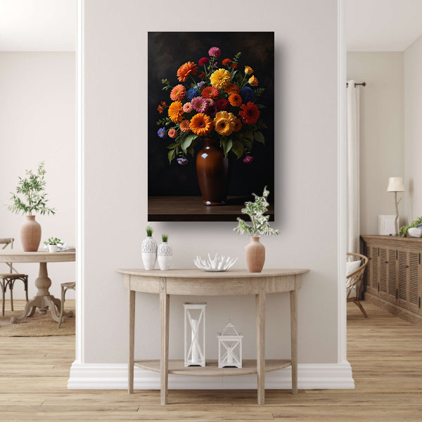 Kleurrijke Bloemenpracht in Donkere Vaas poster