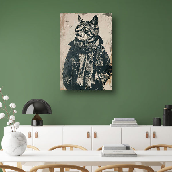 Zwart-wit portret van een kat in een jas canvas