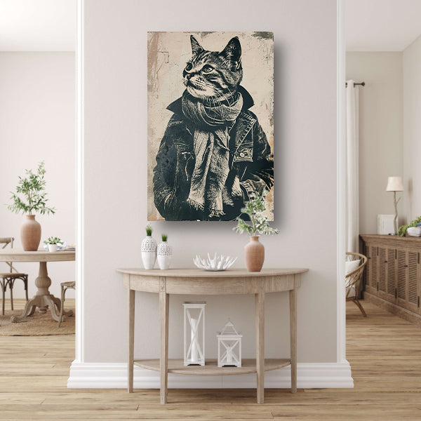 Zwart-wit portret van een kat in een jas canvas
