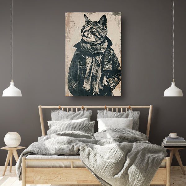 Zwart-wit portret van een kat in een jas canvas