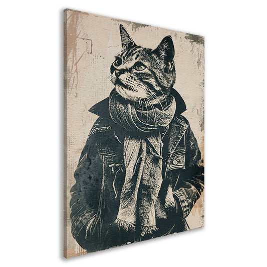 Zwart-wit portret van een kat in een jas canvas