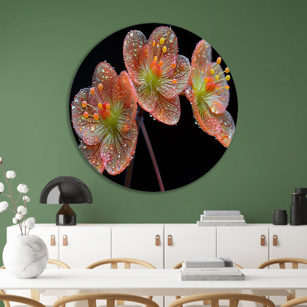 Ochtenddauw op bloemen aluminium muurcirkel