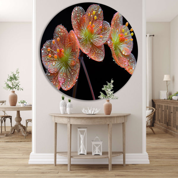 Ochtenddauw op bloemen aluminium muurcirkel