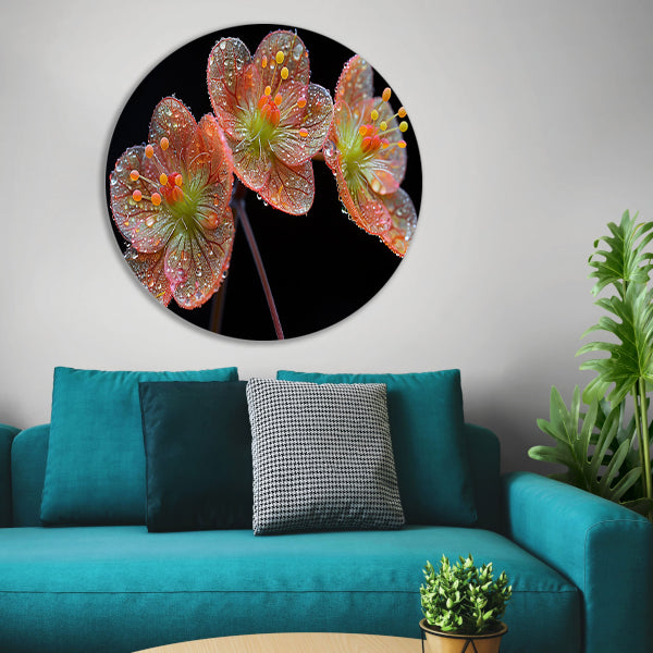 Ochtenddauw op bloemen aluminium muurcirkel