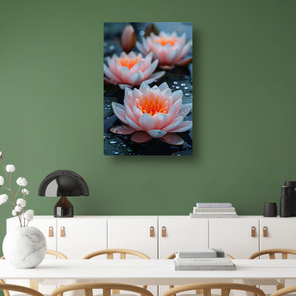 Zachtroze waterlelies met waterdruppels canvas